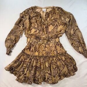 Skylar Madison Snakeskin Print Smocked Waist Ruffle Mini Dress Tan Brown Medium
